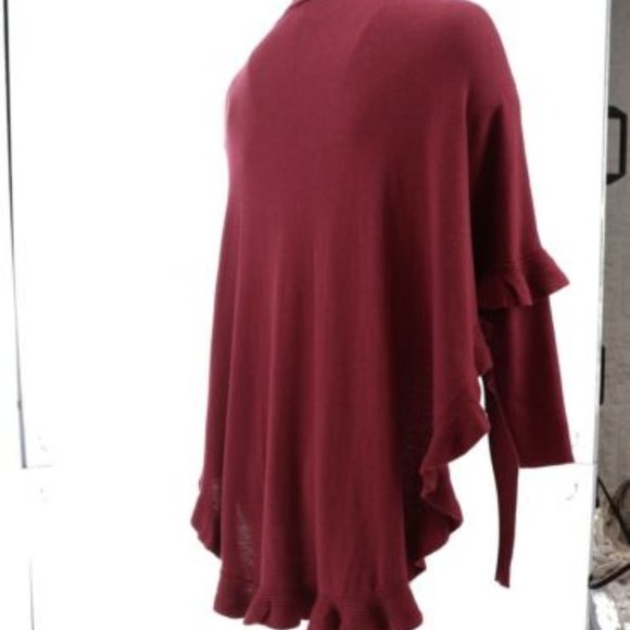 NWT‎ COLLEEN LOPEZ OPEN FRONT RUFFLE PONCHO SWEATER WINE M/L - Picture 7 of 11